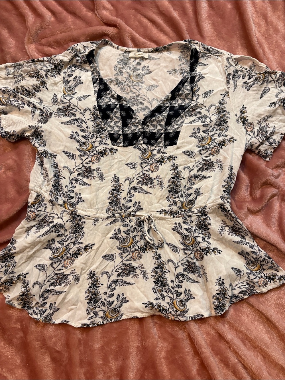 Maurices Cream Floral Peplum Tunic with Black and Mustard Accents